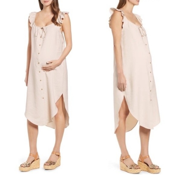 HATCH Jenna Maternity Beige Ruffle Button Front Midi Dress - Picture 2 of 7